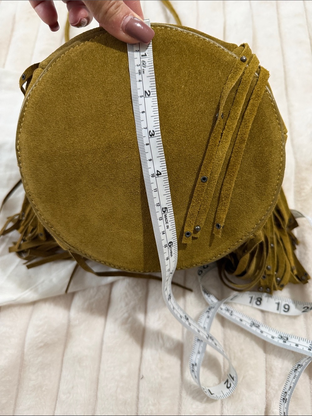 Olive Suede( genuine leather)Fringe Bucket Bag - Women - Picture 11 of 12